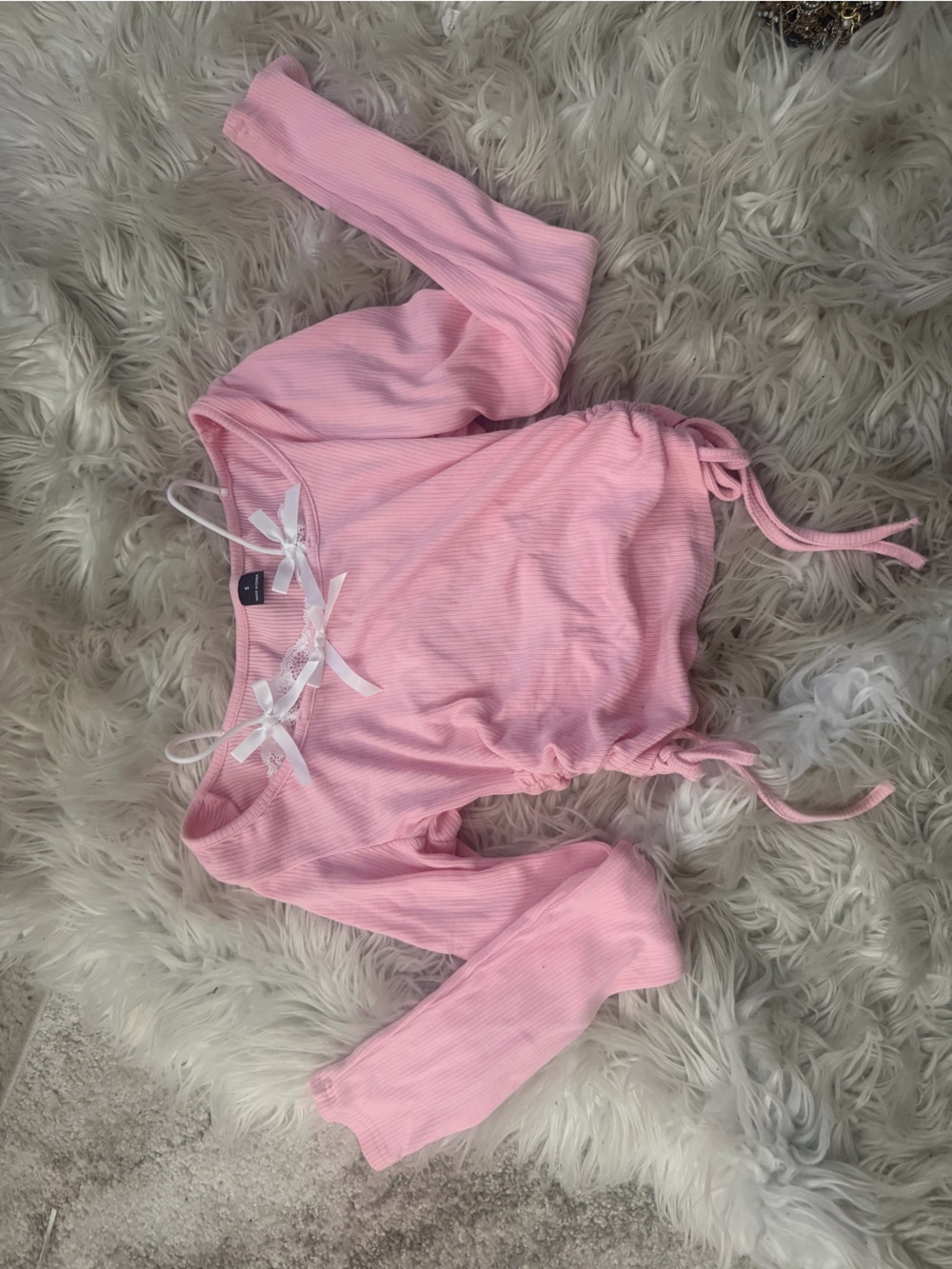 Pink Long Sleeve Crop Top With White Bows